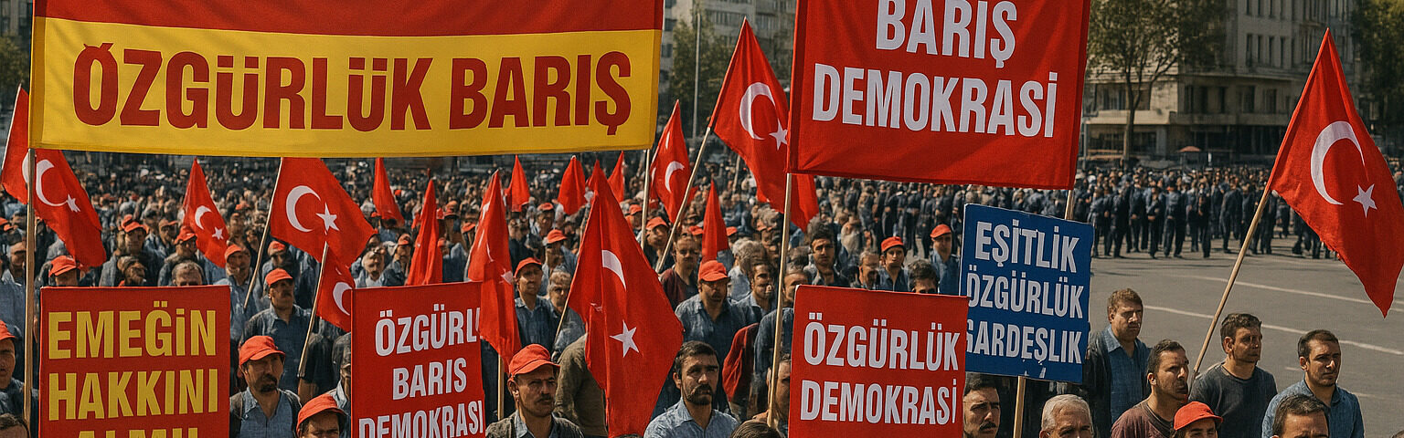 1. maj, arbejdernes kampdag, Tyrkiet protest, arbejderbevægelse Tyrkiet, social kamp, menneskerettigheder, fagforeningsprotest, gadeaktivisme, politisk demonstration, solidaritet, arbejderklassens dag, demonstration i Istanbul, folkelig opstand, tyrkisk samfund, borgerrettigheder, Taksim-pladsen 1. maj, arbejderopstand, fredelig protest, lighed og retfærdighed, arbejderprotester 2025, moderne aktivisme, tyrkisk politik, protestbannere, stemning på kampdag, tyrkisk flag, kvindelige aktivister, unge demonstranter, arbejdersolidaritet, frihedskamp, 1 Mayıs, arbejderes stemme